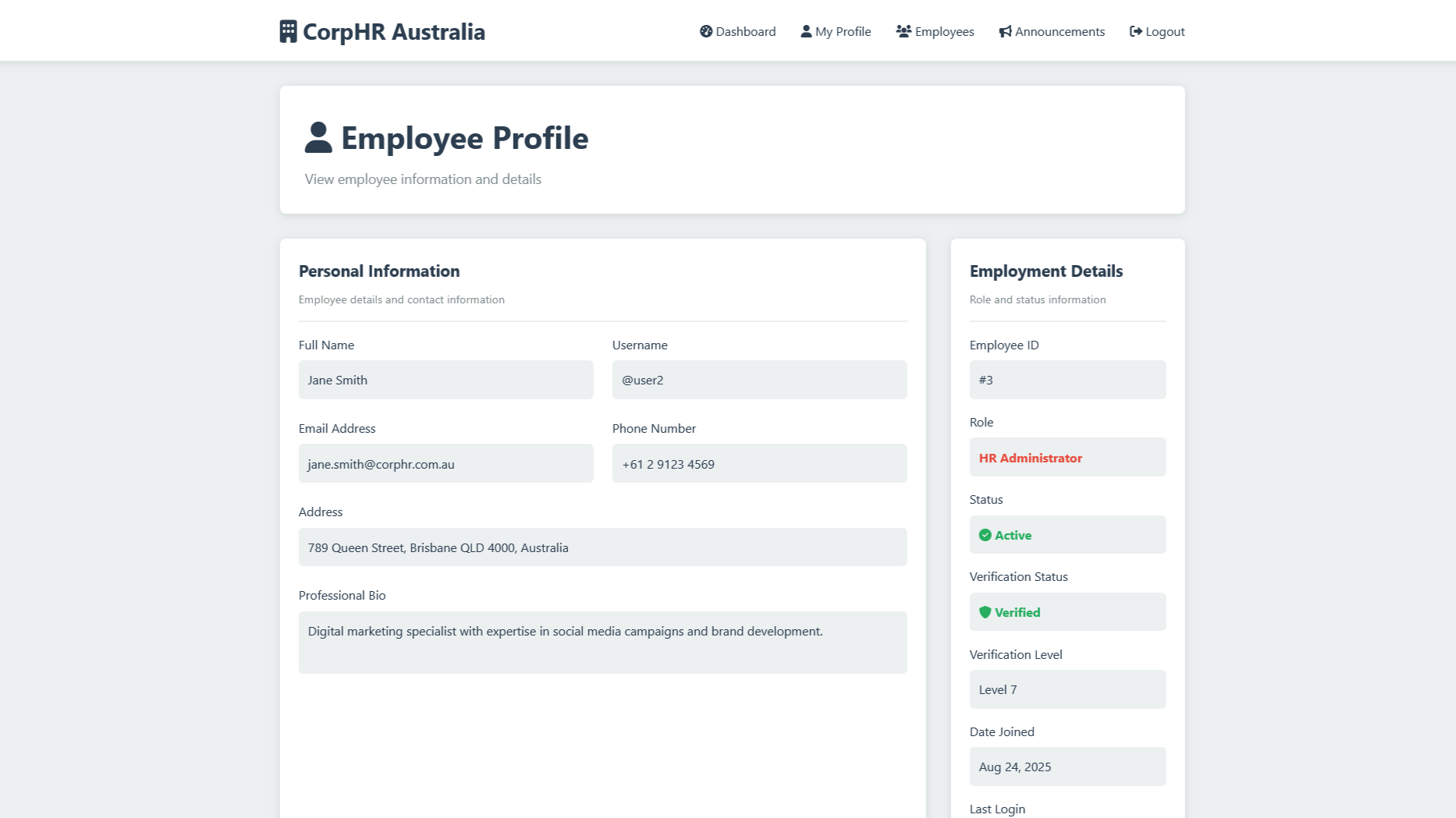 Demo website profile page with administrator role