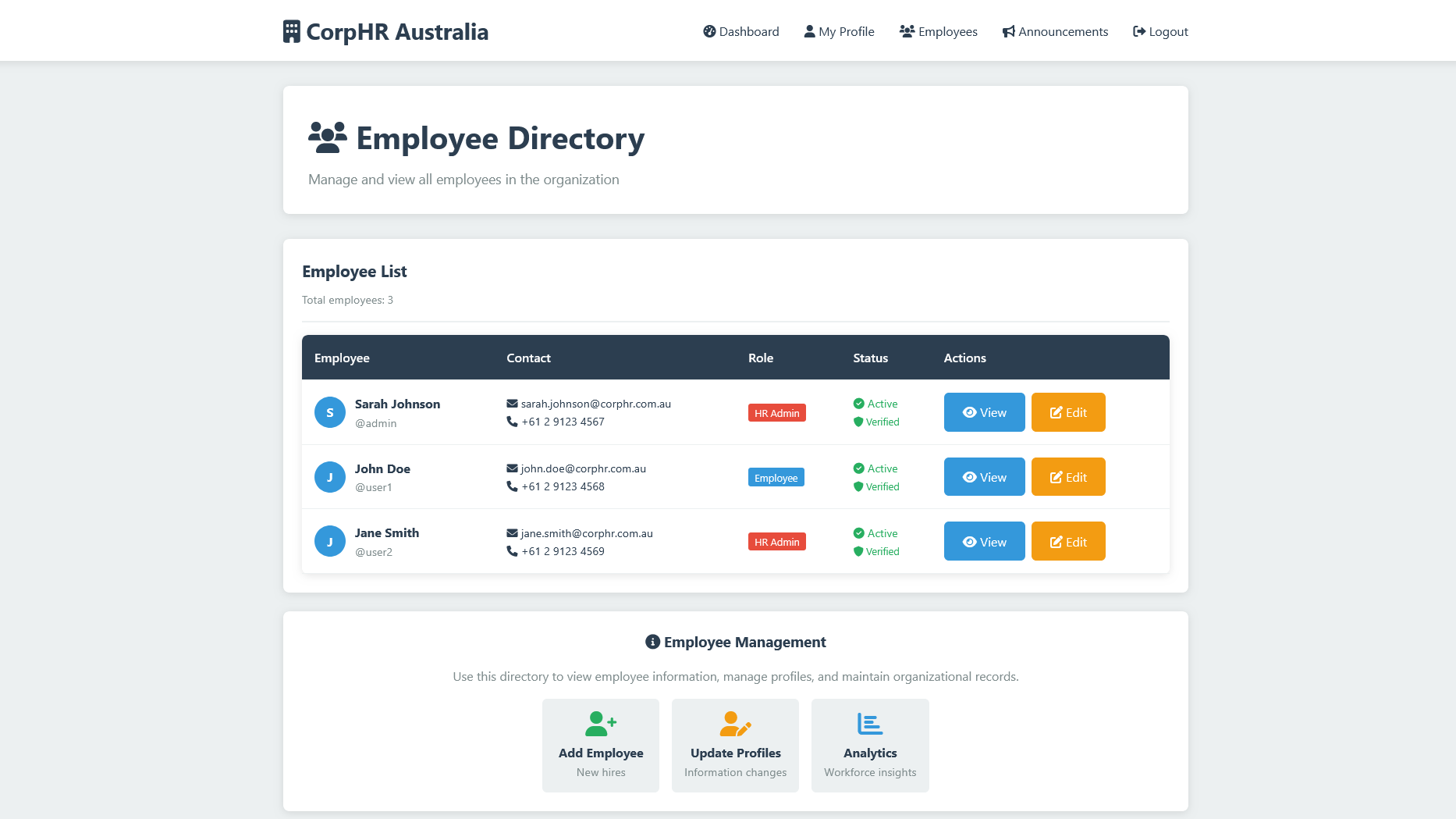 Demo website administrator employee panel