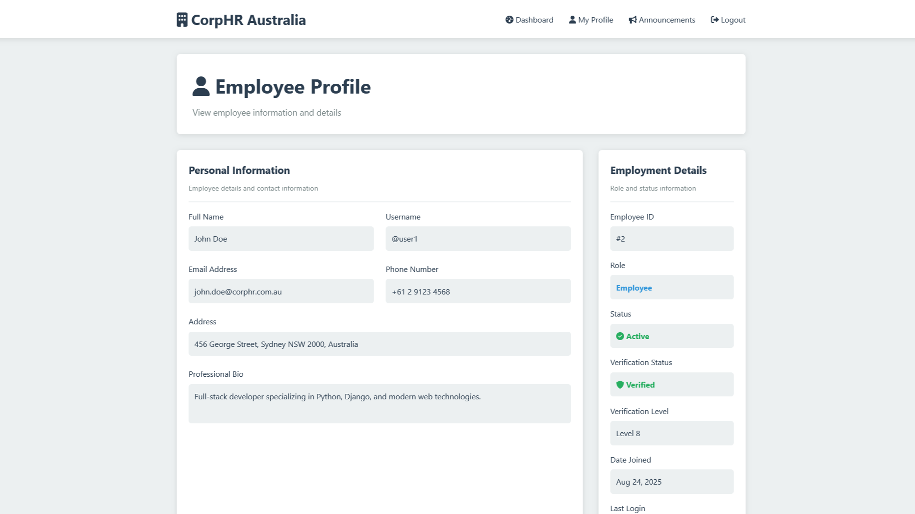 Demo profile page for user 2