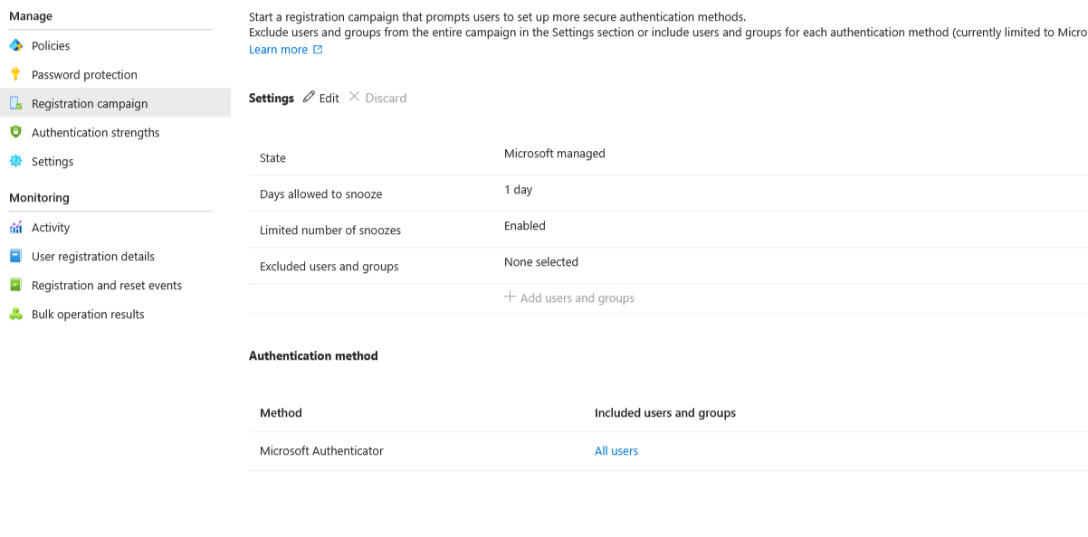 Entra ID Authentication methods registration campaign settings