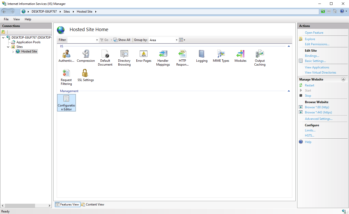 IIS site selected