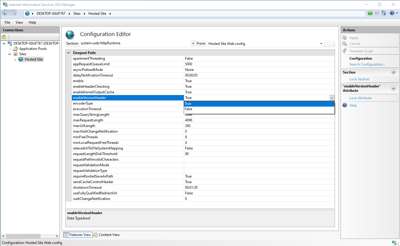 enableVersionHeader set to False