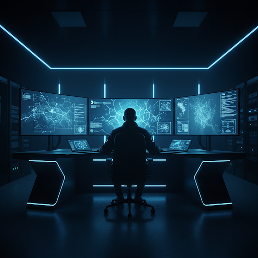 Cinematic high-end cybersecurity command center with blue digital maps and data visualisations