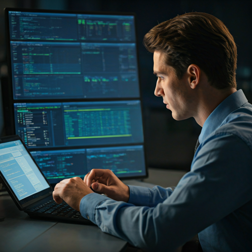 Professional security analyst working with advanced dashboard in a modern operations center
